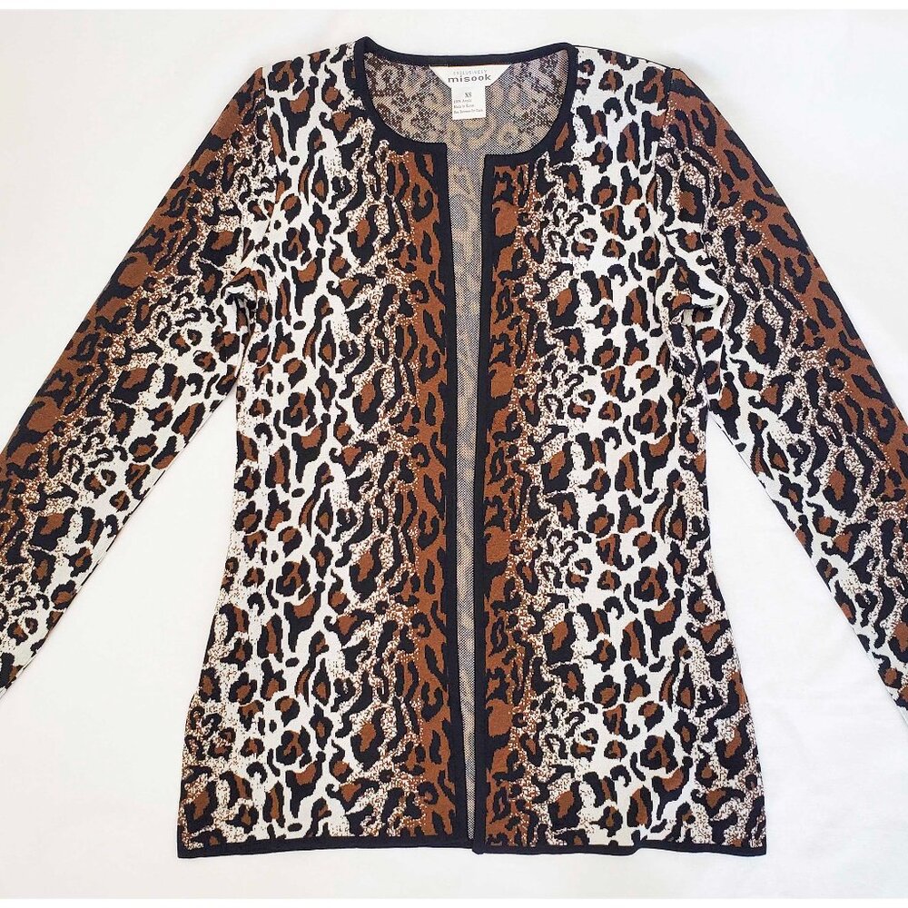 MISOOK Womens Leopard Knit Open Front Cardigan Crew Neck Brown Black White XS